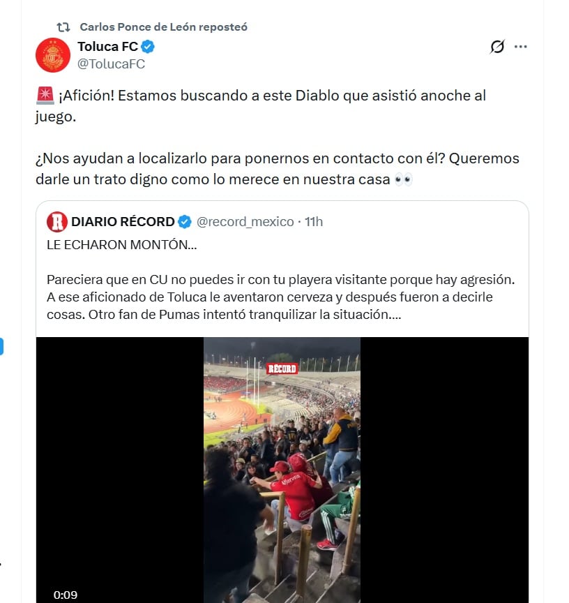 Un aficionado de Toluca fue agredido tras el partido contra Pumas en un hecho que reaviva el debate sobre la violencia en el fútbol.