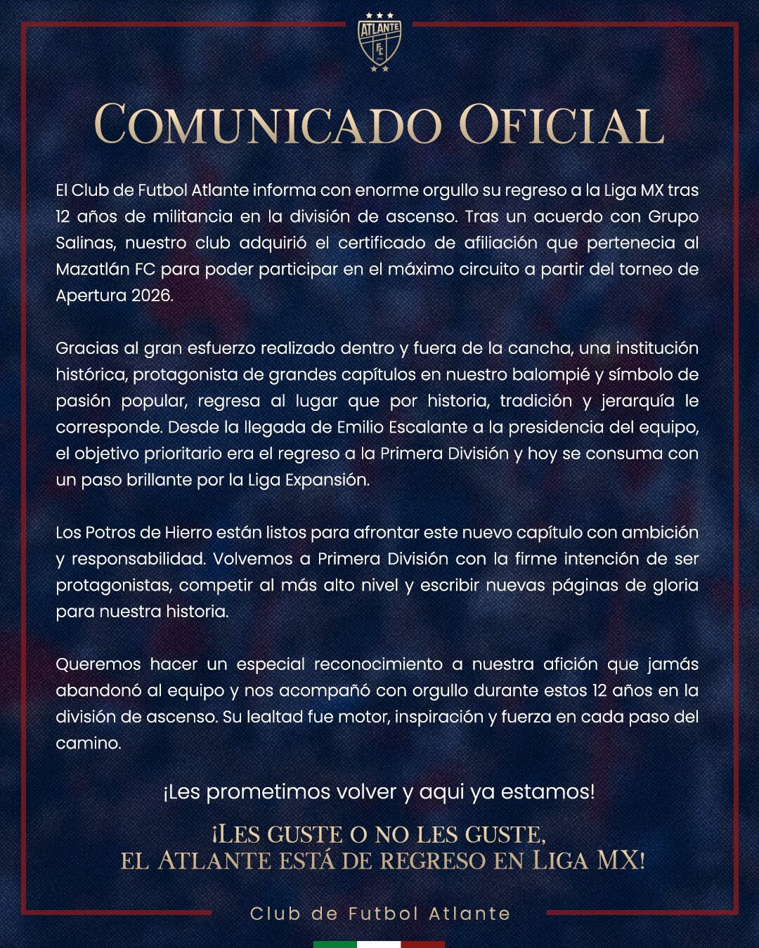 El club azulgrana regresar&aacute; a la Primera Divisi&oacute;n en julio de 2026 tras 12 a&ntilde;os en la Liga de Expansi&oacute;n.