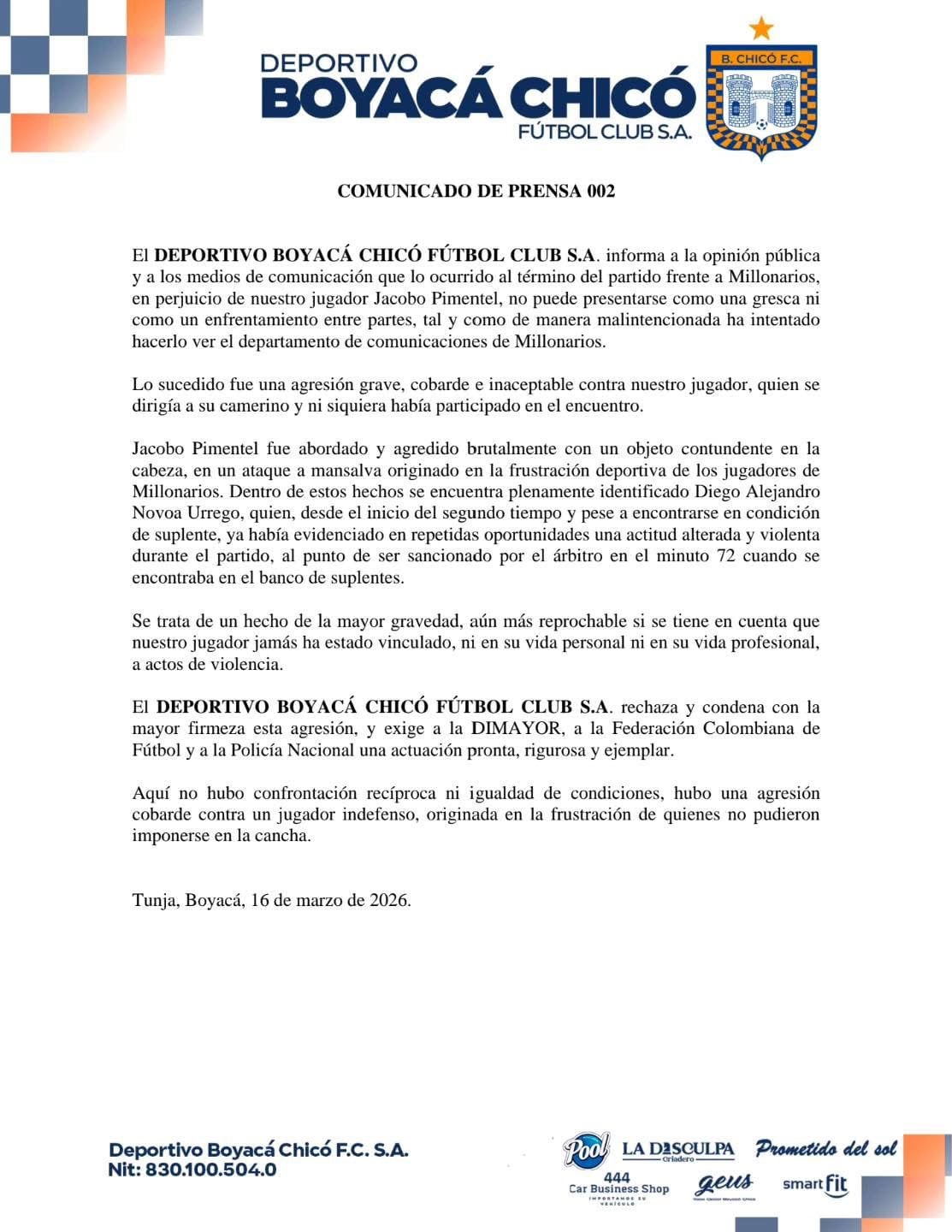 El club Boyacá Chicó identifica a Novoa como presunto agresor tras lesiones a Pimentel en partido contra Millonarios.