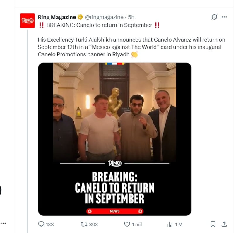 Eddy Reynoso aclara que no hay cambios en la sede de la pelea de Canelo prevista para septiembre.