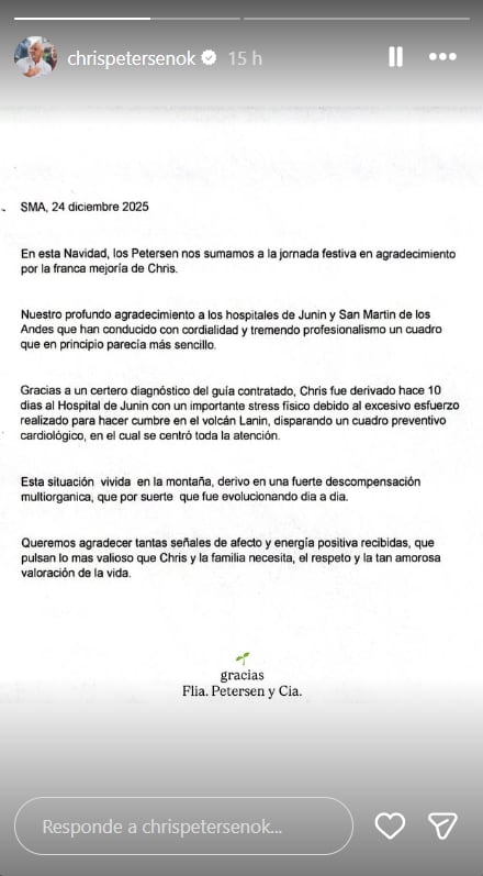 El chef Christian Petersen fue dado de alta tras su internación por una descompensación en un ascenso al volcán Lanín.