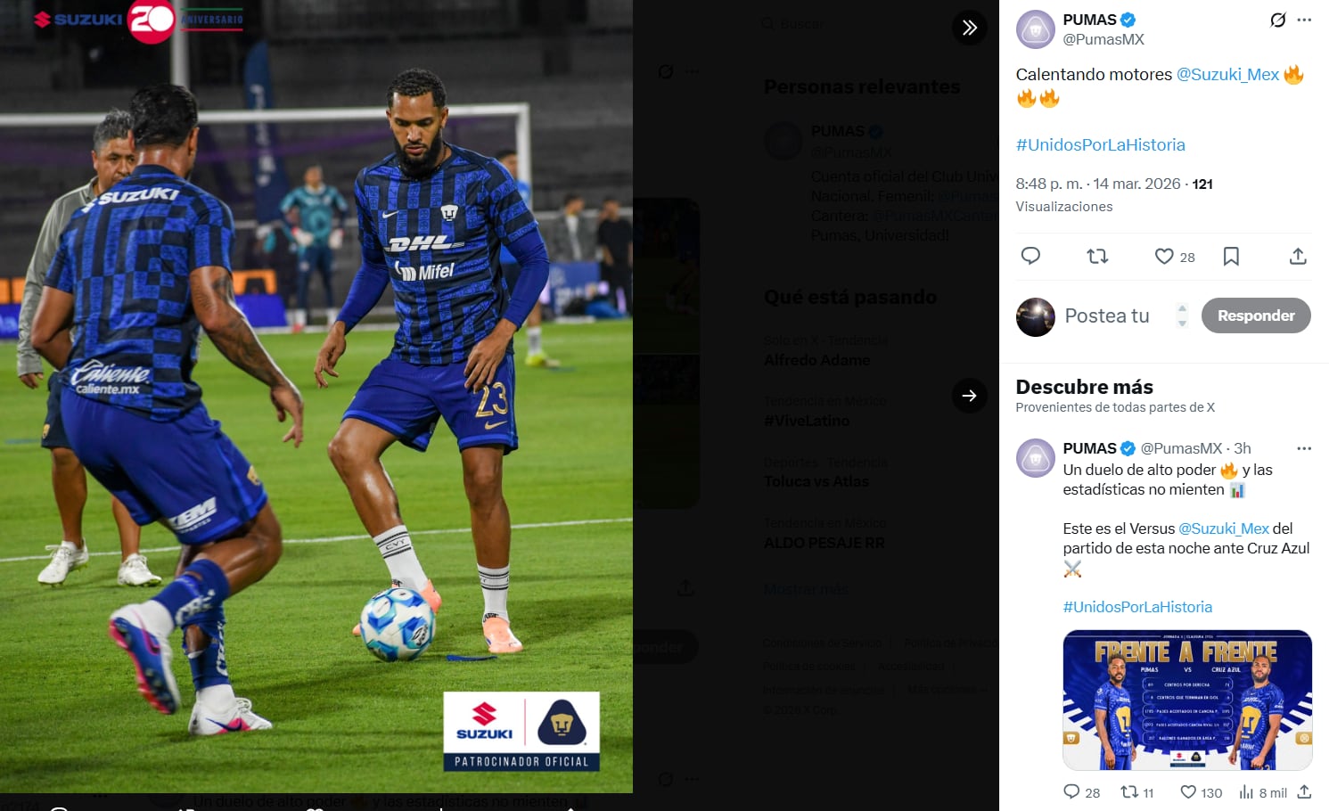 Cruz Azul domina a Pumas en la primera parte del partido en el Olímpico Universitario.