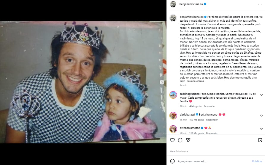 El actor recordó a Blanca, quien cumpliría 20 años, con un conmovedor mensaje en redes sociales.