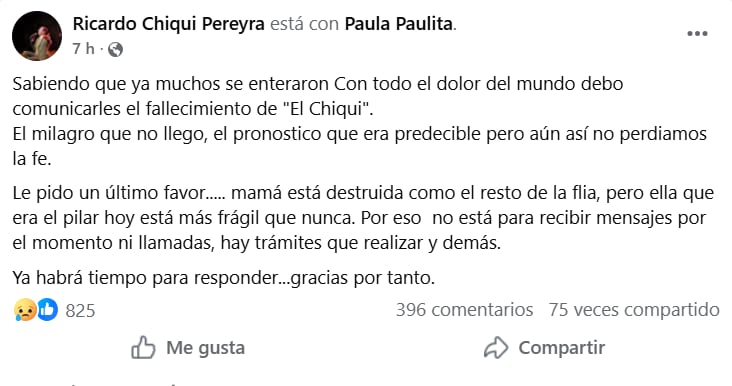 El reconocido cantante de tango falleció tras complicaciones por un accidente doméstico.