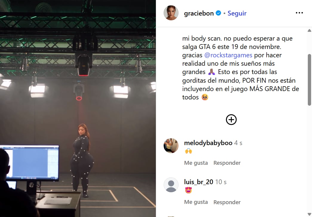 La influencer Gracie Bon afirma que Rockstar Games la eligi&oacute; para un escaneo corporal para GTA 6.
