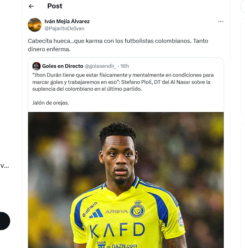 El colombiano Jhon Jader Durán se destaca con dos goles en la victoria del Al Nassar en la Champions asiática.