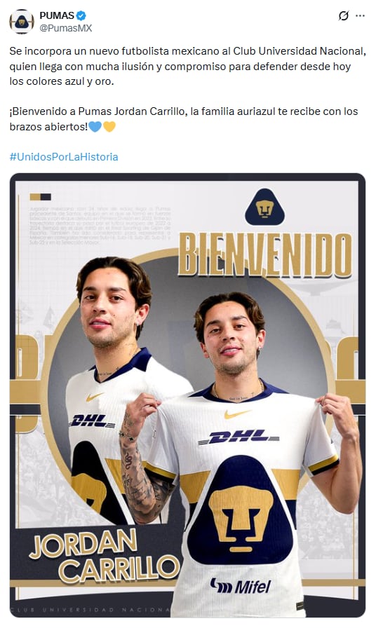El mediocampista Jordan Carrillo llega al Club Universidad Nacional para la Clausura 2026.