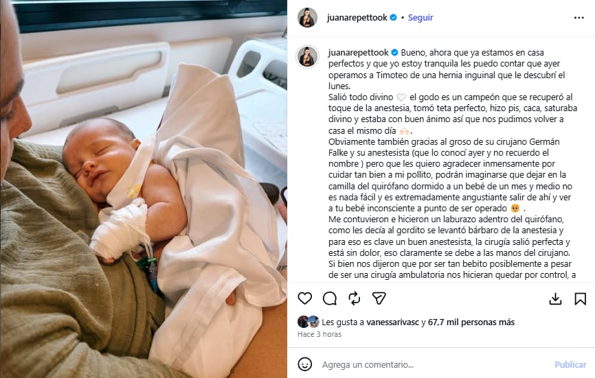 La actriz comparte detalles sobre la recuperación de Timoteo, su hijo menor, tras una operación de hernia inguinal.