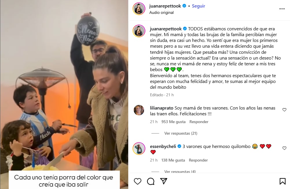 Juana Repetto comparte la emocionante noticia de que espera un varón.