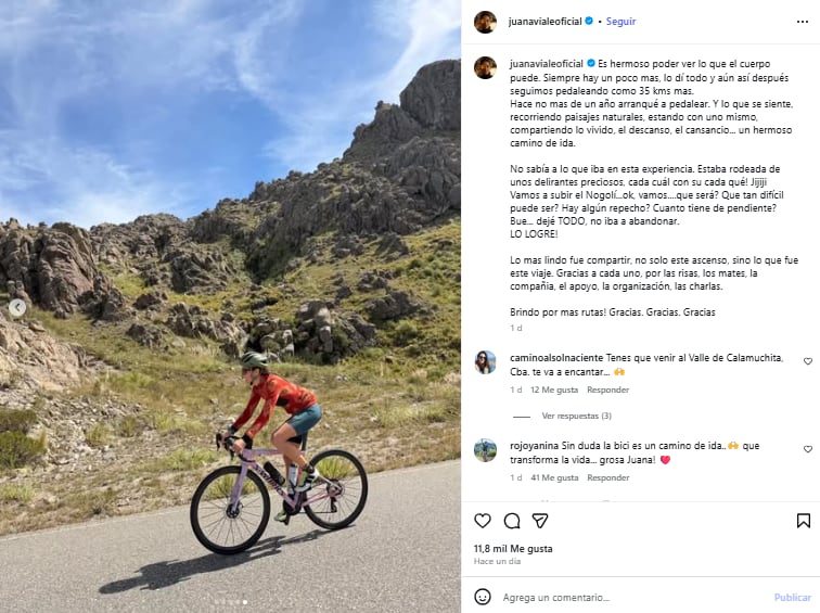 La conductora compartió su emoción tras completar una dura prueba de ciclismo en San Luis.