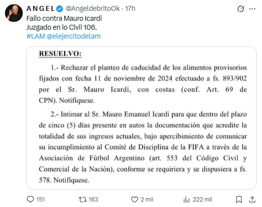 Un nuevo revés legal para Icardi en su conflicto con Wanda Nara por la cuota alimentaria.
