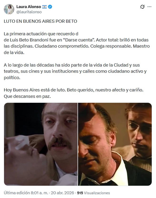 El actor Luis Brandoni falleció a los 86 años, generando múltiples homenajes en redes sociales.