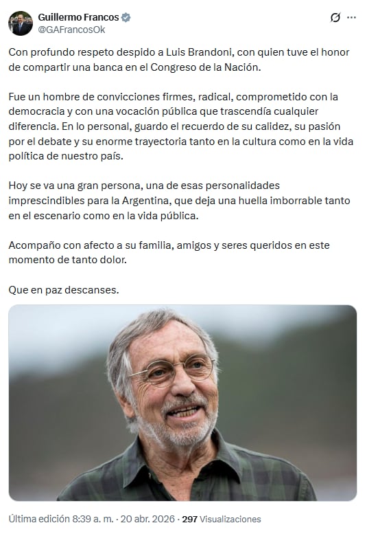 El actor Luis Brandoni falleció a los 86 años, generando múltiples homenajes en redes sociales.