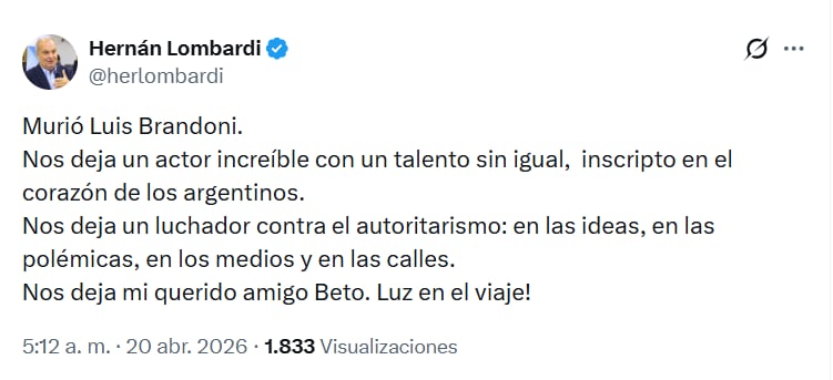 El actor Luis Brandoni falleció a los 86 años, generando múltiples homenajes en redes sociales.