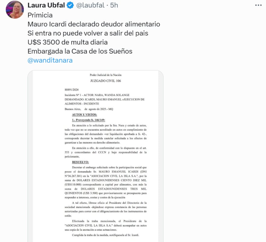 El futbolista Mauro Icardi fue declarado deudor alimentario con embargo tras su regreso al campo y polémicas con Wanda Nara.