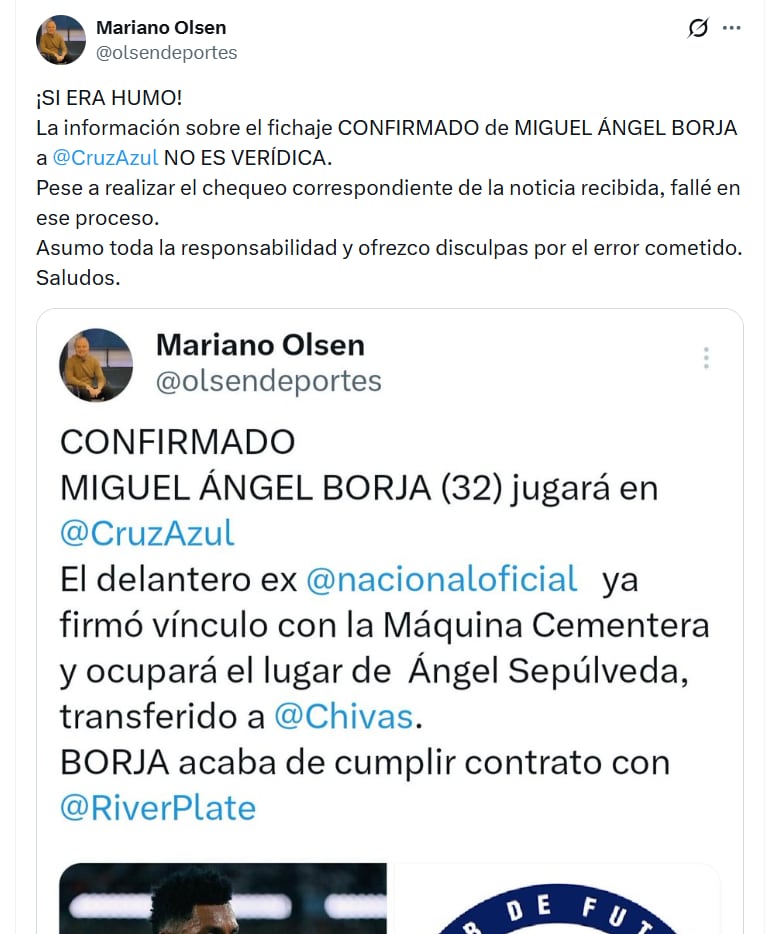 Las negociaciones para el traspaso de Borja a Cruz Azul se complican tras una aclaración de un periodista argentino.