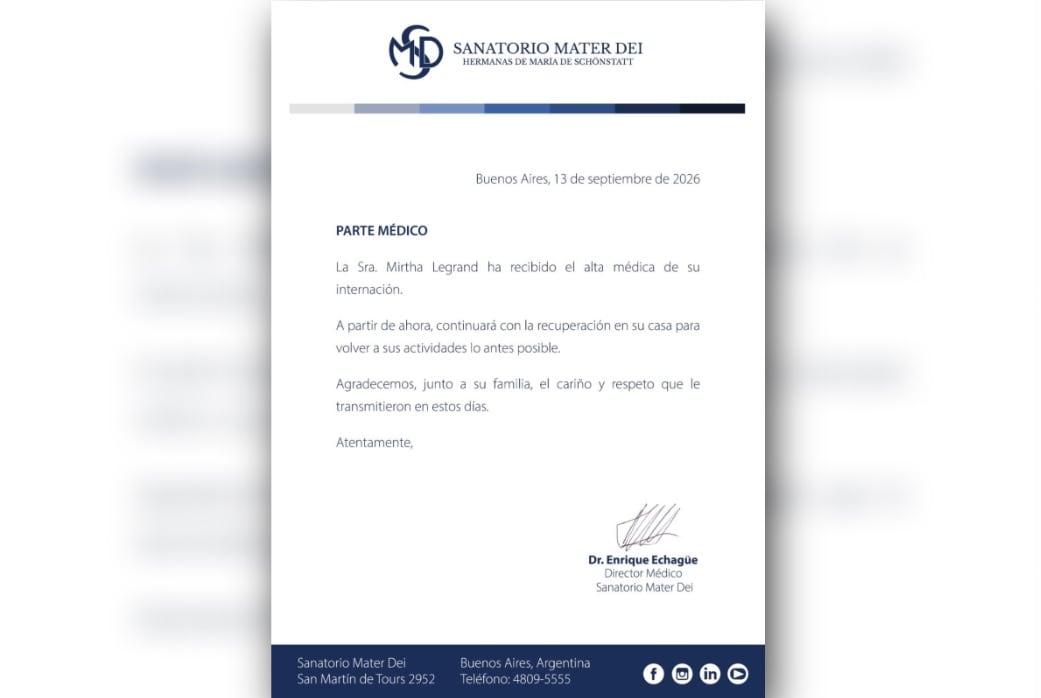 La conductora Mirtha Legrand fue dada de alta y continuar&aacute; su recuperaci&oacute;n en casa tras una internaci&oacute;n por problemas respiratorios.