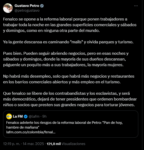 Jaime Alberto Cabal critica la reforma laboral de Petro, advirtiendo la pérdida de empleos en el país.