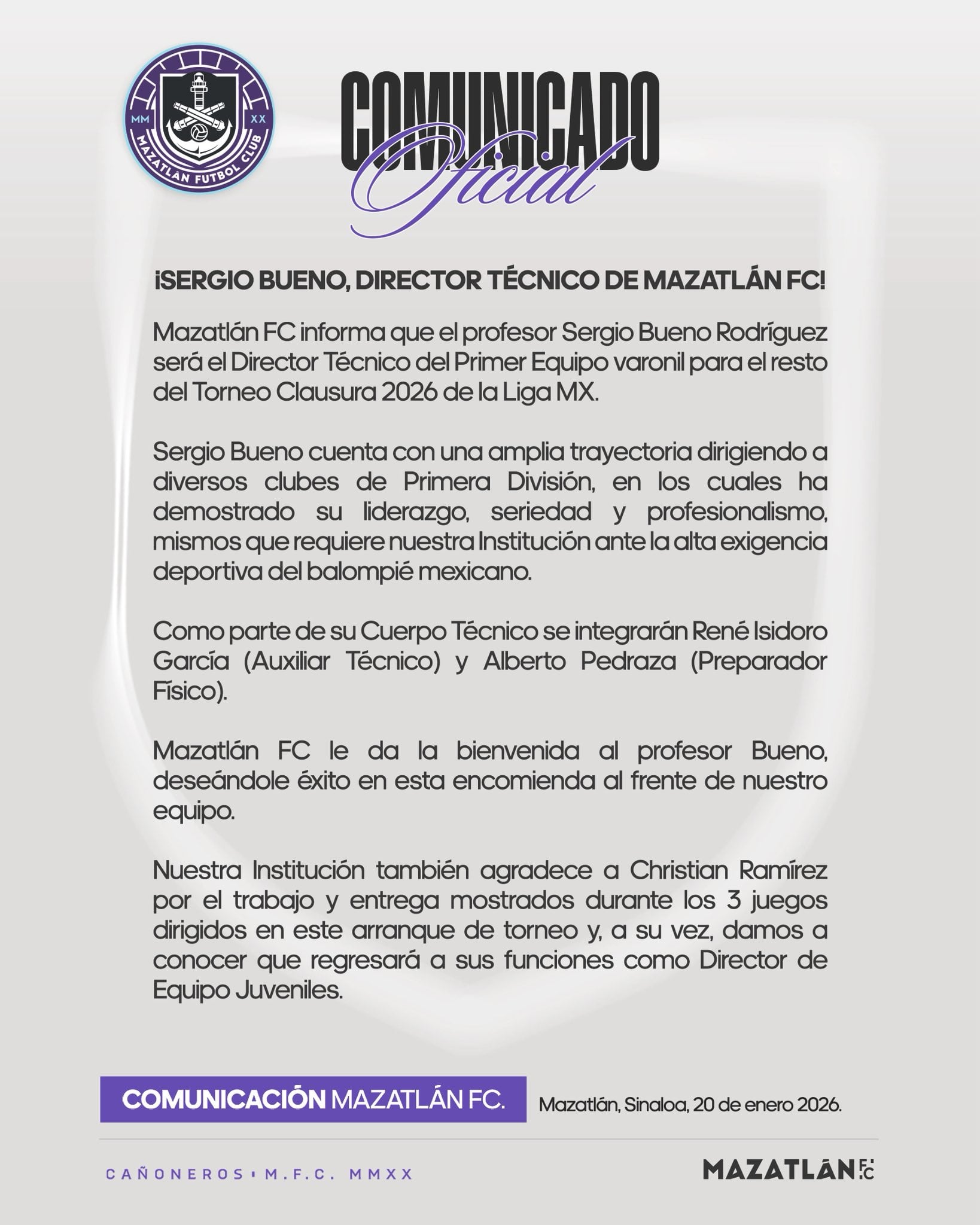 El exfutbolista Sergio Bueno será el nuevo entrenador de Mazatlán FC en el Clausura 2026.