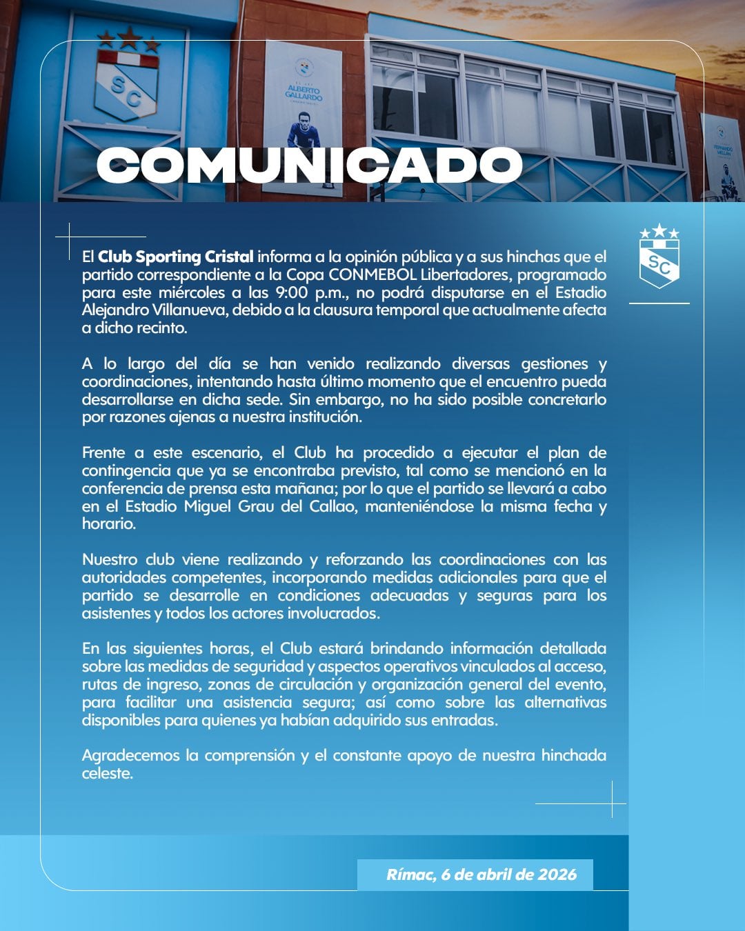 Sporting Cristal se impuso 1-0 a Cerro Porteño en la Copa Libertadores 2026.